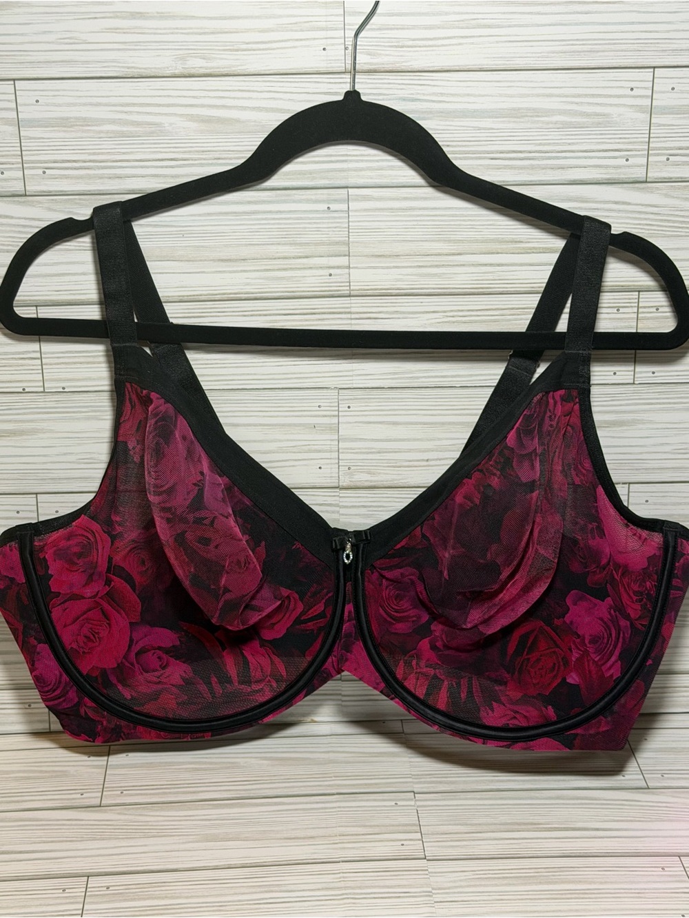 Curvy Couture 42H Floral Underwire Bra Pink Black Mesh Full Coverage 1311